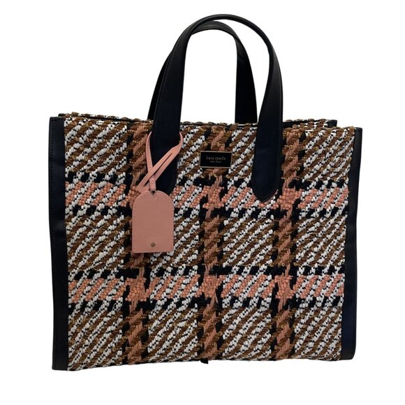 Kate Spade Manhattan Plaid Chunky Woven Fabric Large Tote Leather Straps & Tag p - Picture 2 of 6
